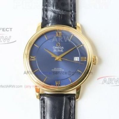 Perfect Replica Swiss Grade Omega De Ville Blue Dial Yellow Gold Case Watch For Men